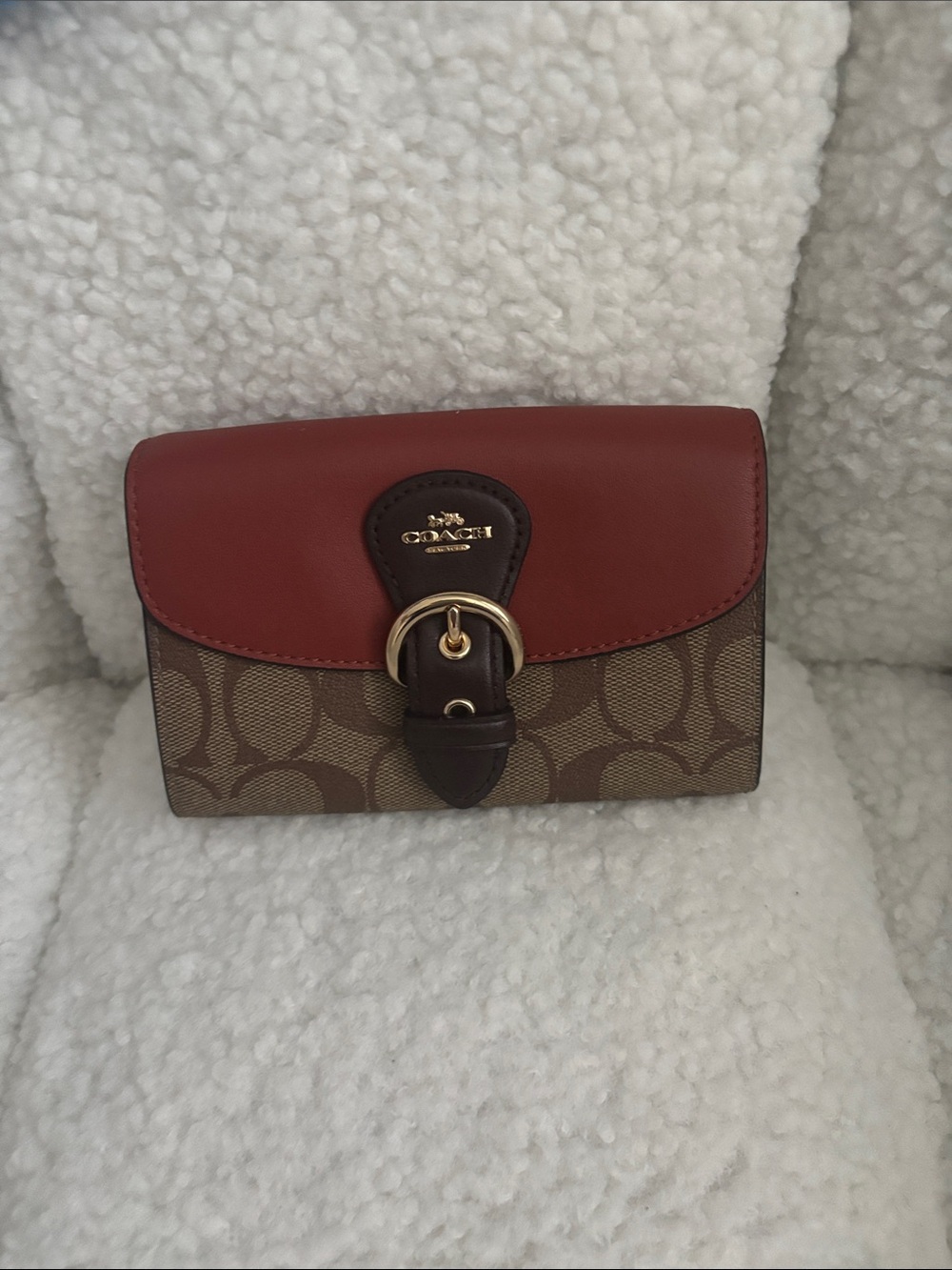 Coach Signature Canvas Wallet with Burnt Orange Leather Flap and Brown Trim